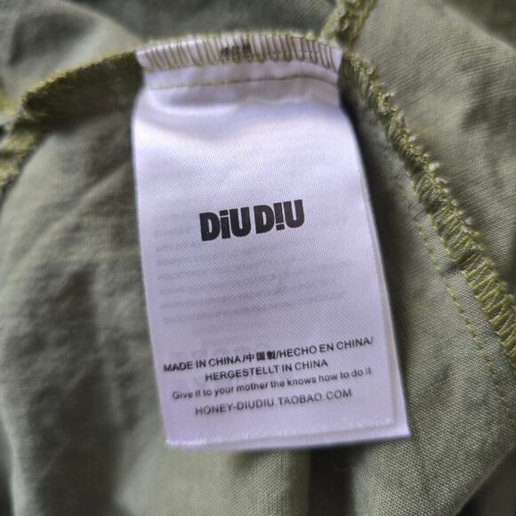 Embroidered Floral Army Green Cargo Romper Short Roll Sleeves Tie Waist Button - Picture 10 of 10